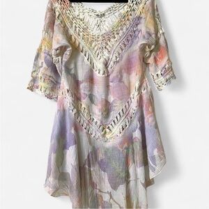 Crochet Floral Cover-Up OS Fits S/M Boho Fairycore Festival Cream Lilac Tunic